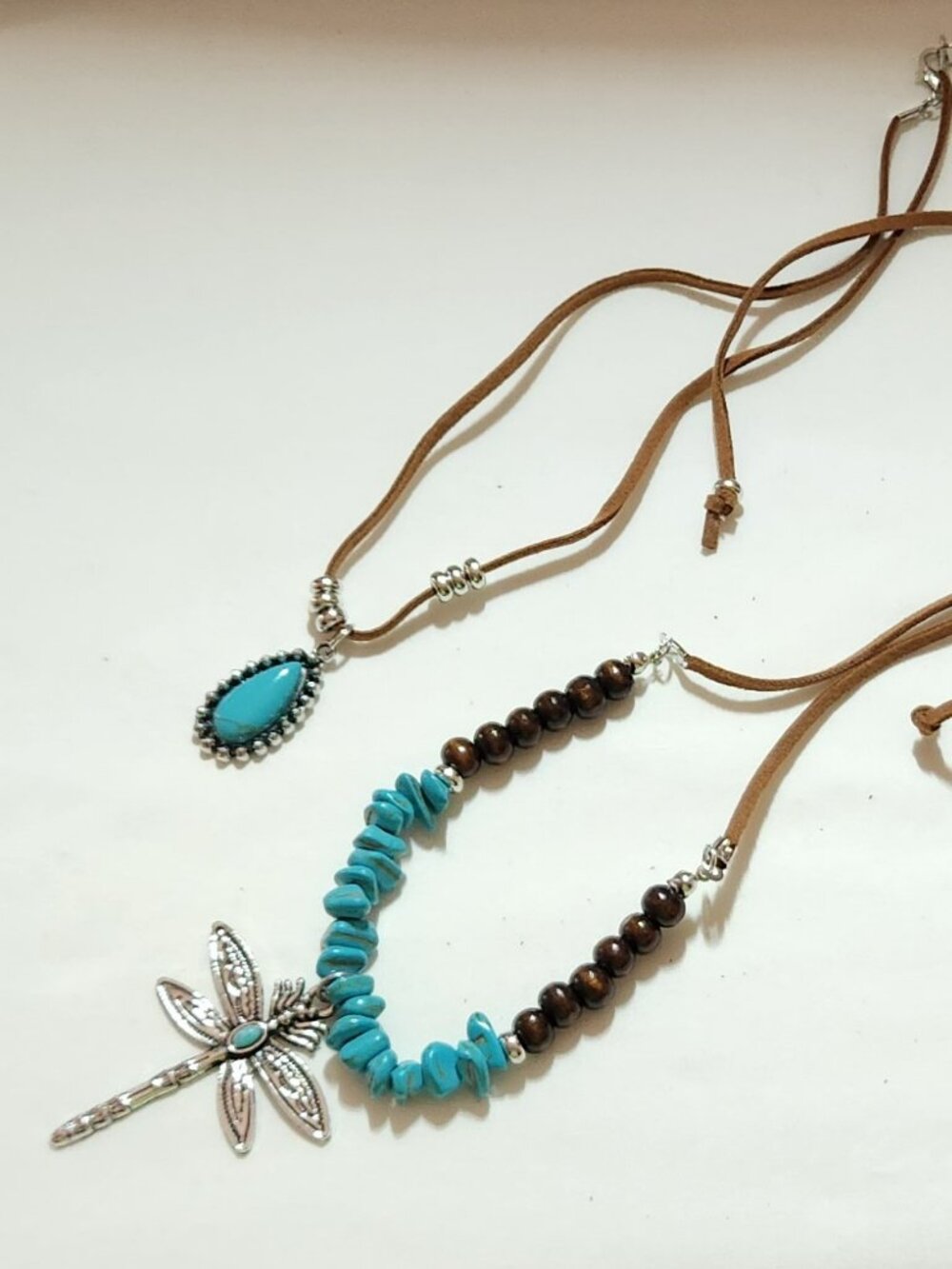 Set of two faux turquoise & leather necklaces beaded dragonfly NIP - Picture 1 of 2